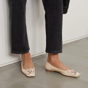 FOWT Red Flower Pattern Soft Cream Leather Square Toe Flat Pump Driving Shoes